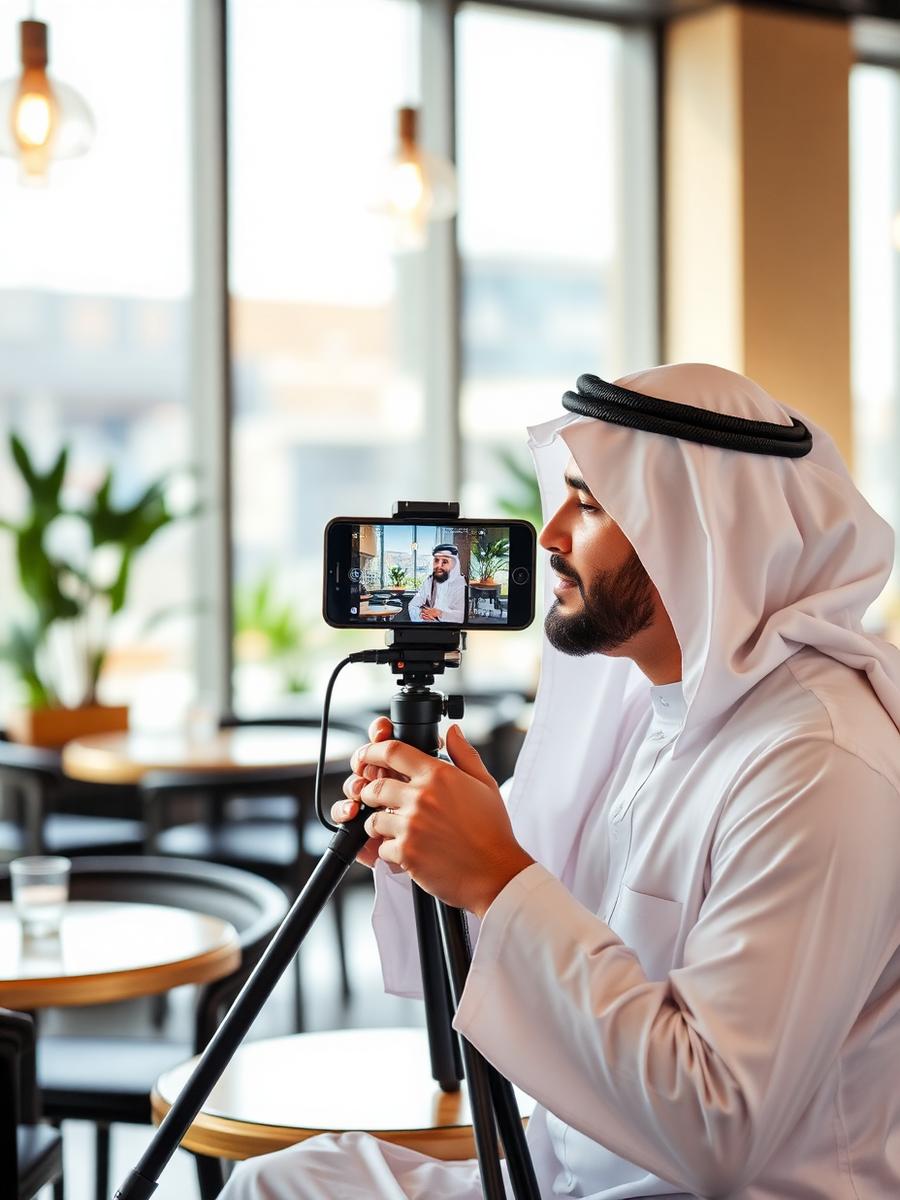 Saudi creator filming vertical video in a Riyadh café
